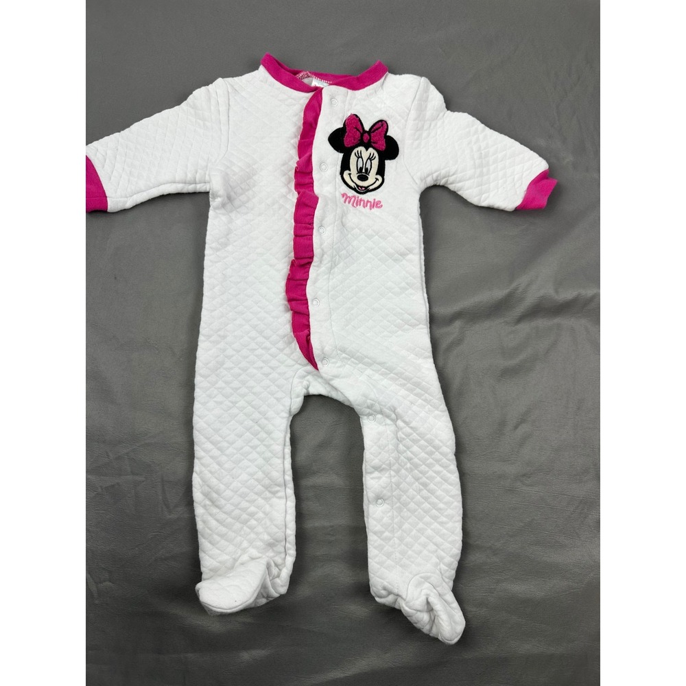 Disney Baby Minnie Mouse White Quilted Footed Pajamas Ruffle Trim 6-9month